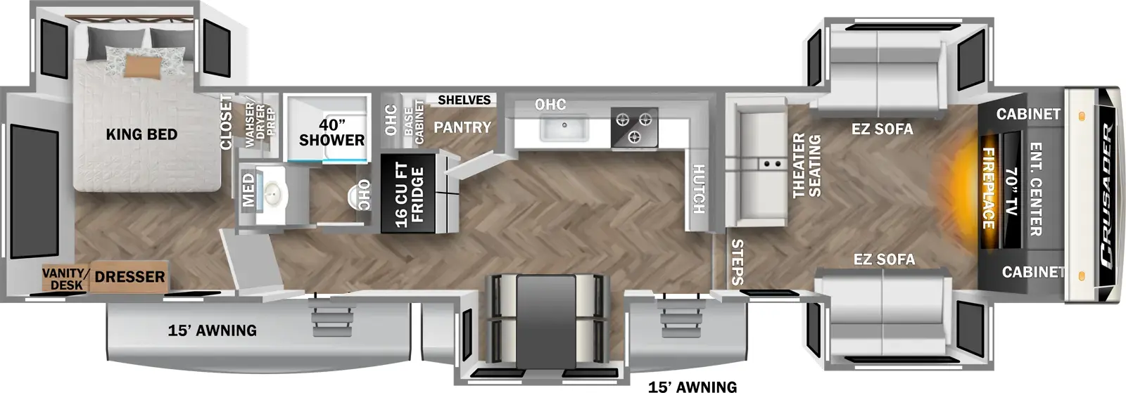 The 375FLS has four slideouts and two entries. Interior layout front to back: front entertainment center with TV, fireplace below, cabinets on each side, theater seating across from it, and opposing EZ sofa slideouts; steps down to kitchen and entry; door side free-standing dinette slideout; hutch along inner wall wraps to door side with kitchen counter, cooktop, sink, overhead cabinet, pantry with shelves, base cabinet and overhead cabinet, and wraps to refrigerator on opposite side; off-door side full bathroom with medicine cabinet, and second entry; rear bedroom with off-door side king bed slideout, closet with washer and dryer prep, and door side dresser with vanity/desk.